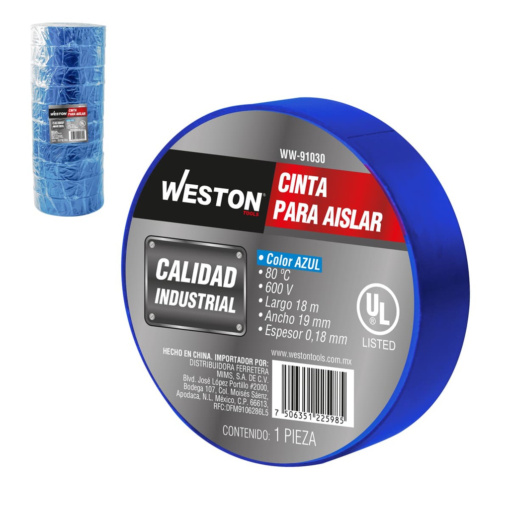 CINTA PARA AISLAR 18 m X 19 mm COLOR AZUL (10 PIEZAS)