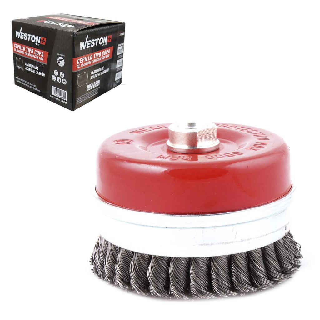 CEPILLO TIPO COPA TRENZADA C/ARO 4" ENT 5/8-11 A. AL CARBON  .014"