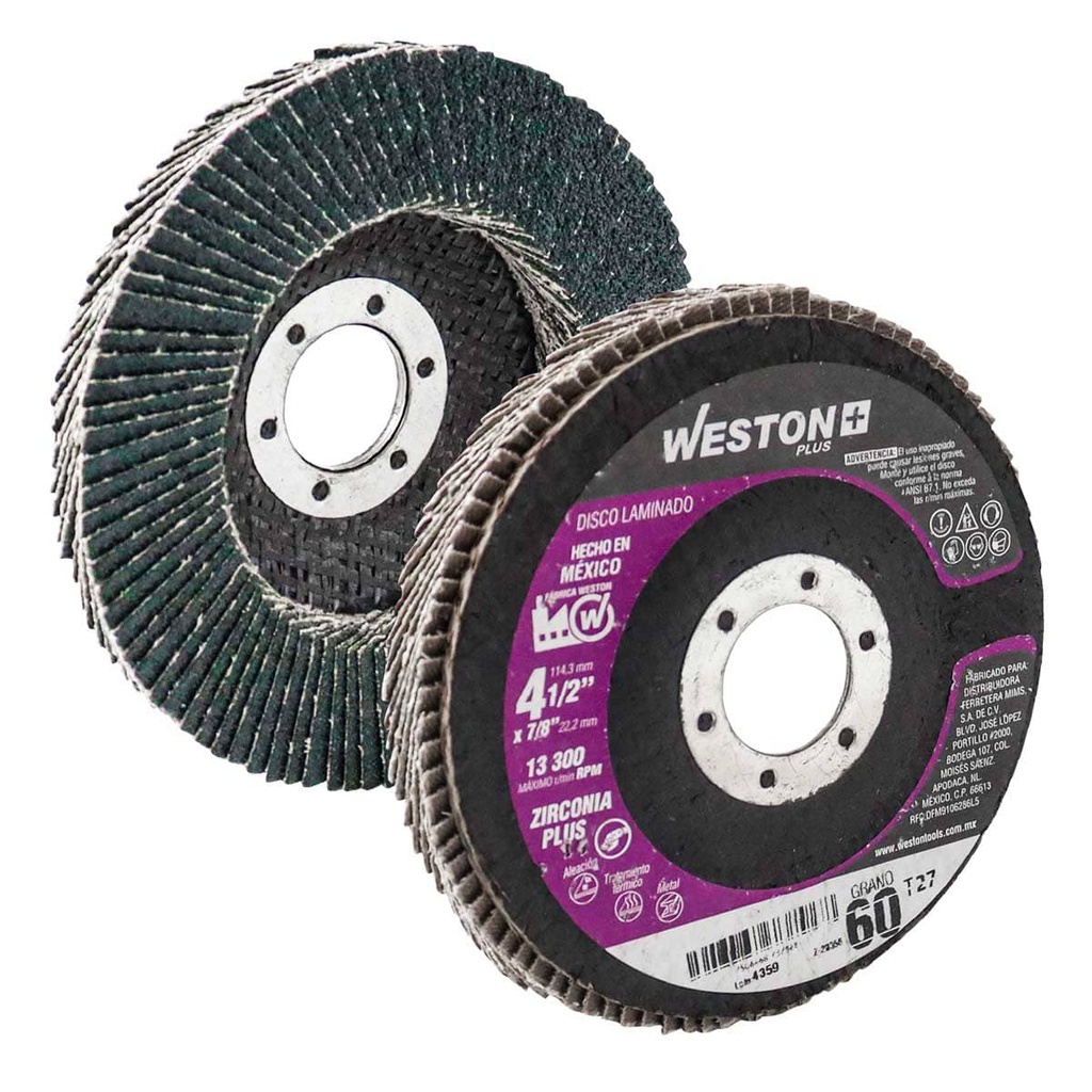 DISCO LAMINADO WESTON PLUS ZIRCONIO 100% 4 ½" X 7/8" Z60  SUPER ALTA DENSIDAD T27