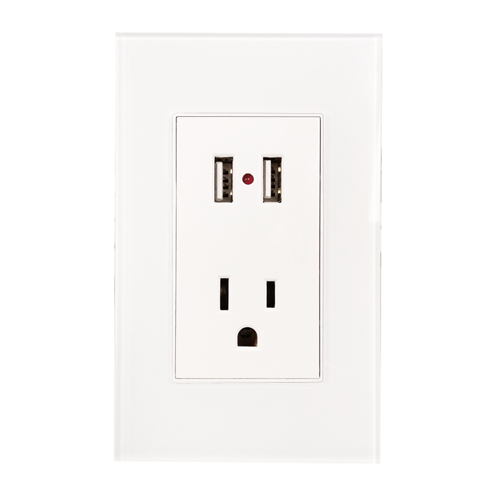 CONTACTO Y DOS ENTRADAS USB CON PLACA DE ACRILICO BLANCA