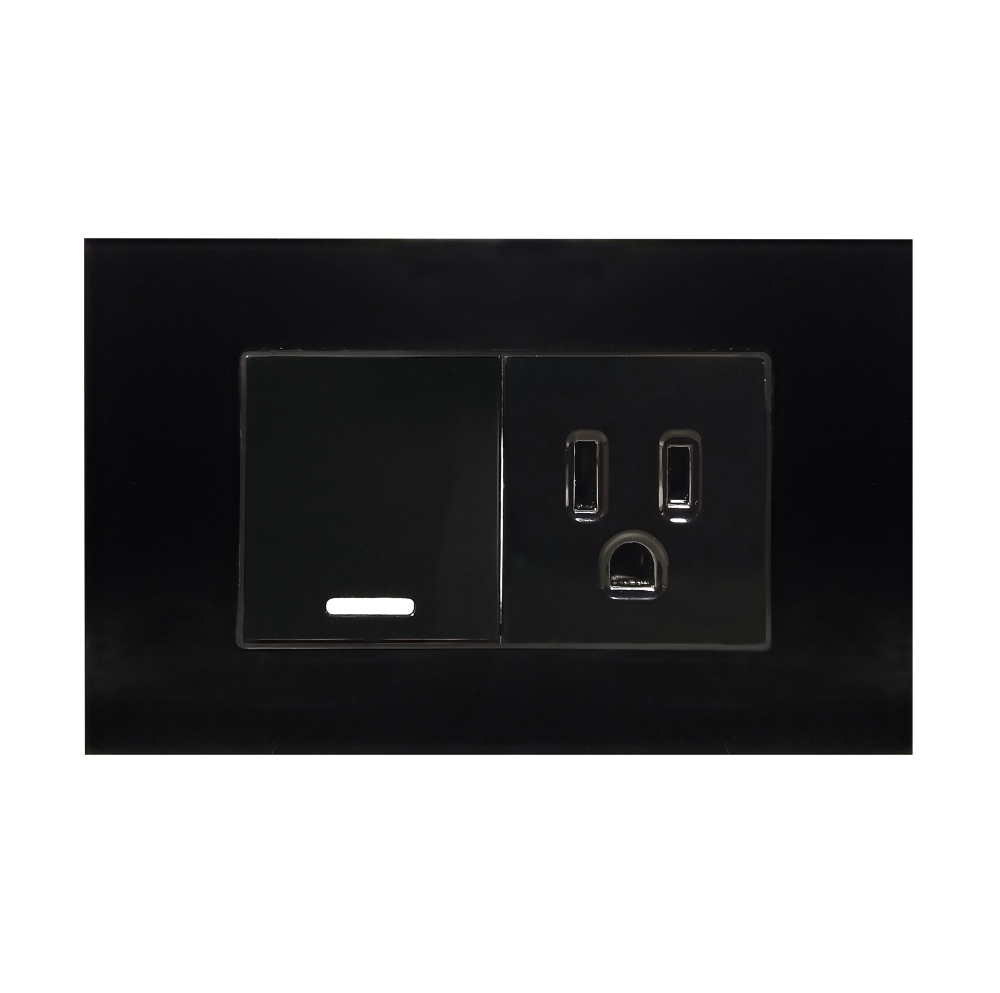 APAGADOR Y CONTACTO CON PLACA DE ACRILICO NEGRO 36MM 250V~ 10A