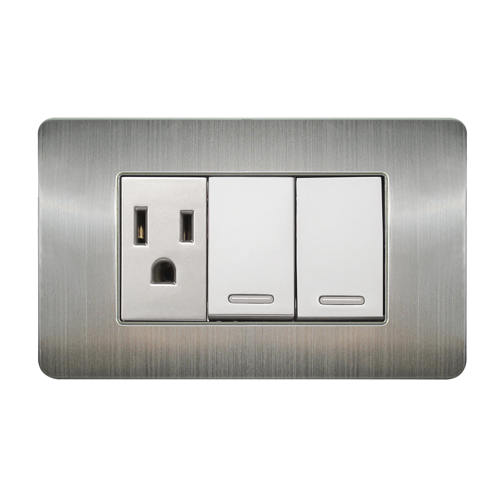 APAGADOR DOBLE Y CONTACTO CON PLACA DE ACERO INOXIDABLE 24 MM