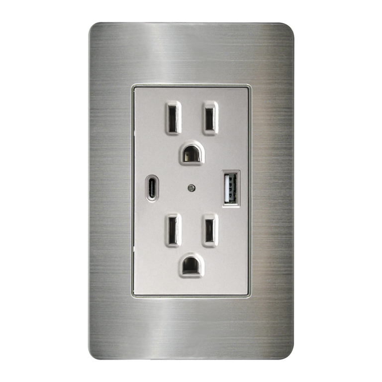 CONTACTO DOBLE ATERRIZADO CON ENTRADAS USB TIPO A Y C CON PLACA DE ACERO INOXIDABLE 72 mm