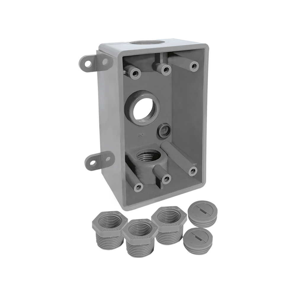 CAJA RECTANGULAR NO METALICA 3 ORIFICIOS ROSCADOS DE 1/2” o 3/4” GRIS