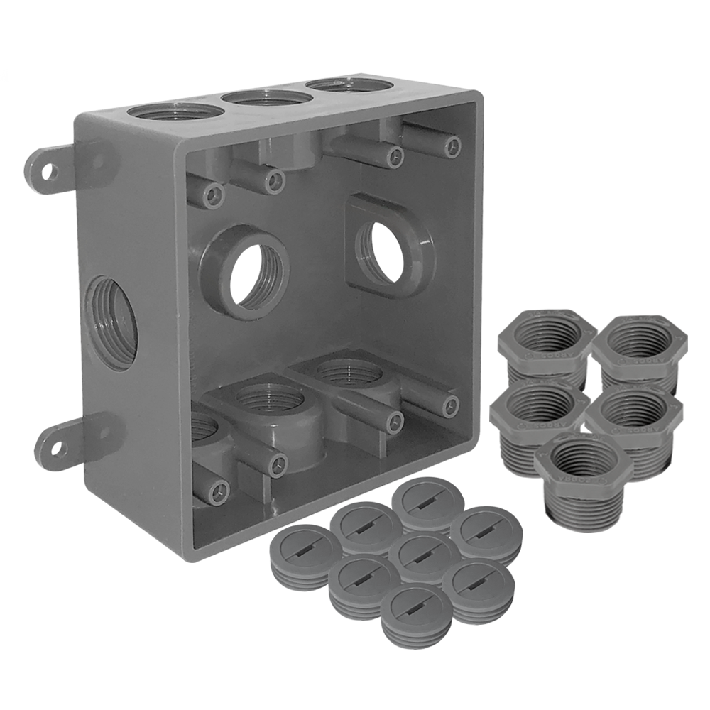 CAJA CUADRADA NO METALICA  CON  9 ORIFICIOS ROSCADOS DE 1/2” O 3/4” VERDE