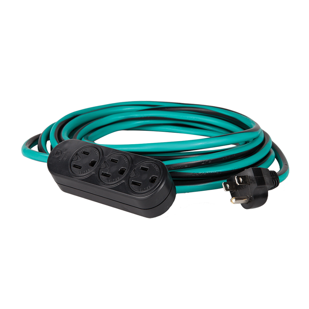 EXTENSION USO RUDO SJT 3X16 AWG 3 TOMAS ATERRIZADAS VERDE CON NEGRO 5 METROS