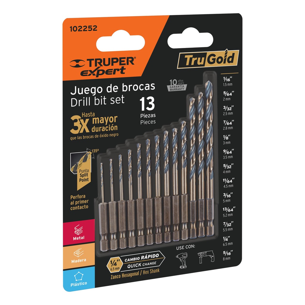 Juego de 13 brocas HSS p/metal zanco cambio rapido, Expert