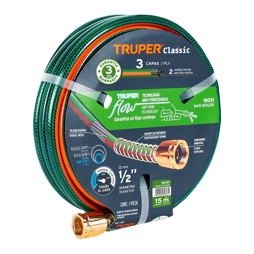 Manguera 1/2' reforzada 3 capas 15 m conexiones de metal