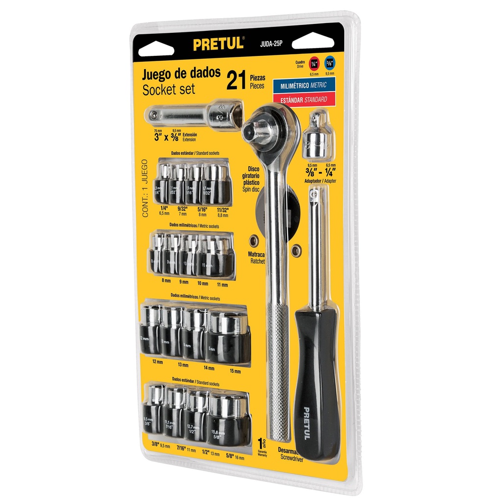 Juego de 21 herramientas 1/4' y 3/8' para mecanico, Pretul