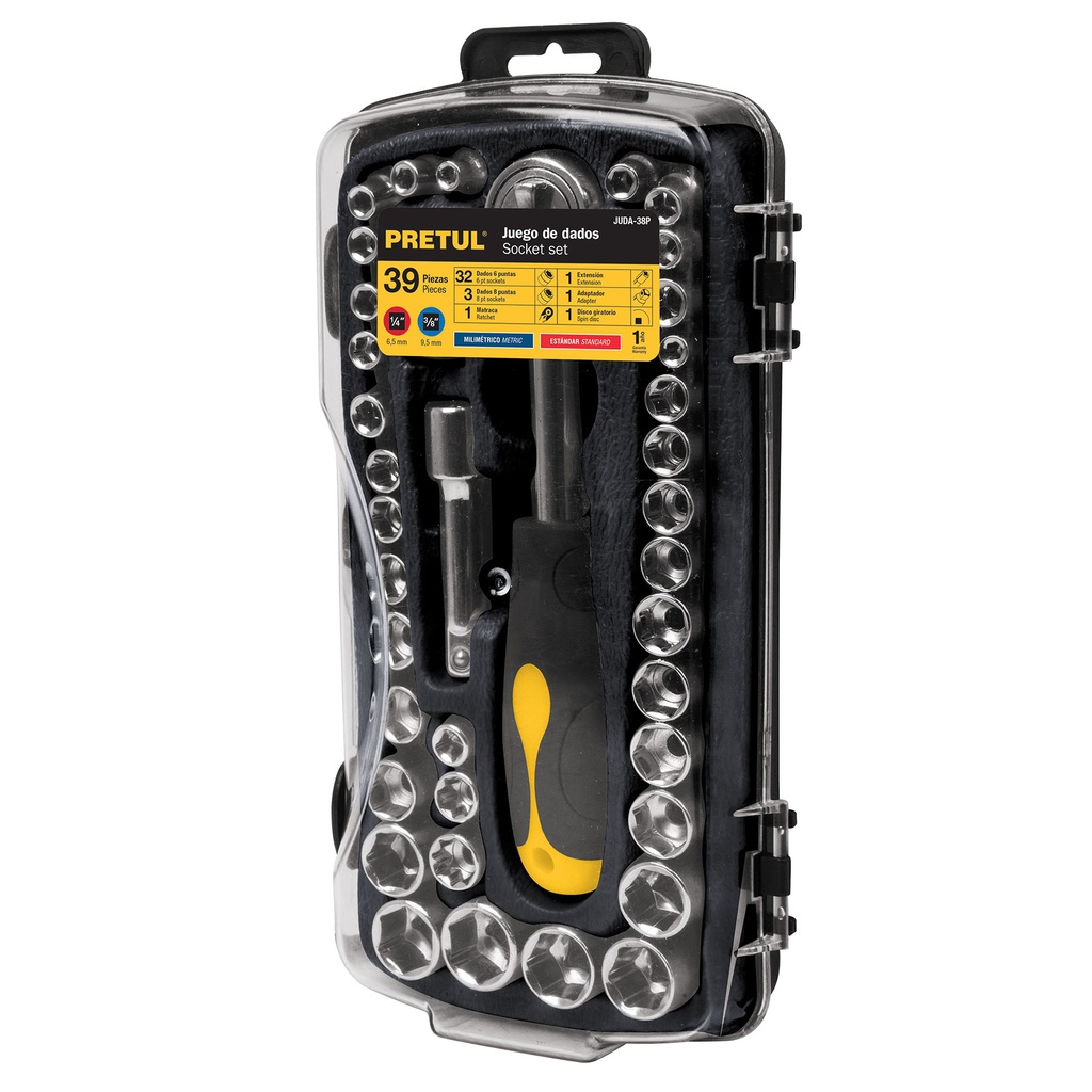 Juego de 39 herramientas 1/4' y 3/8' para mecanico, Pretul