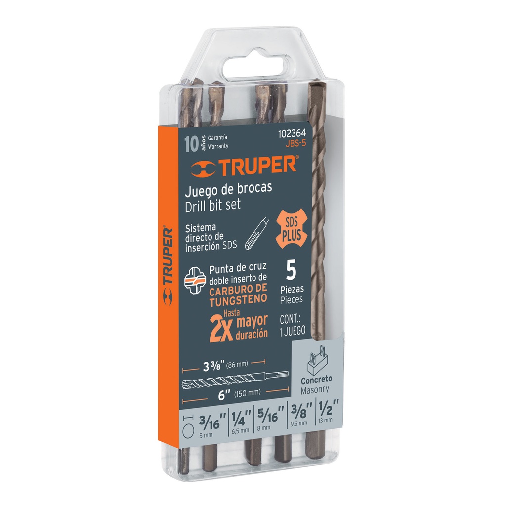 Juego de 5 brocas para concreto SDS Plus, Truper