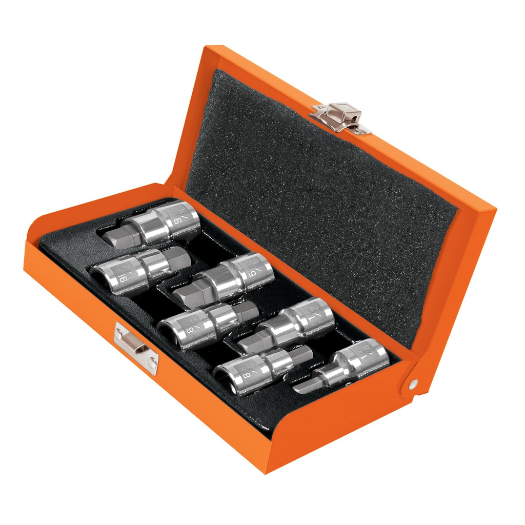 Juego de 7 dados cuadro 1/2' punta hex std, estuche metalico