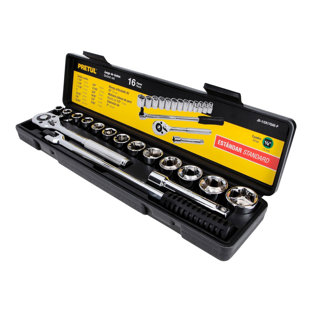 Juego de 16 herramientas 1/2' std para mecanico, Pretul
