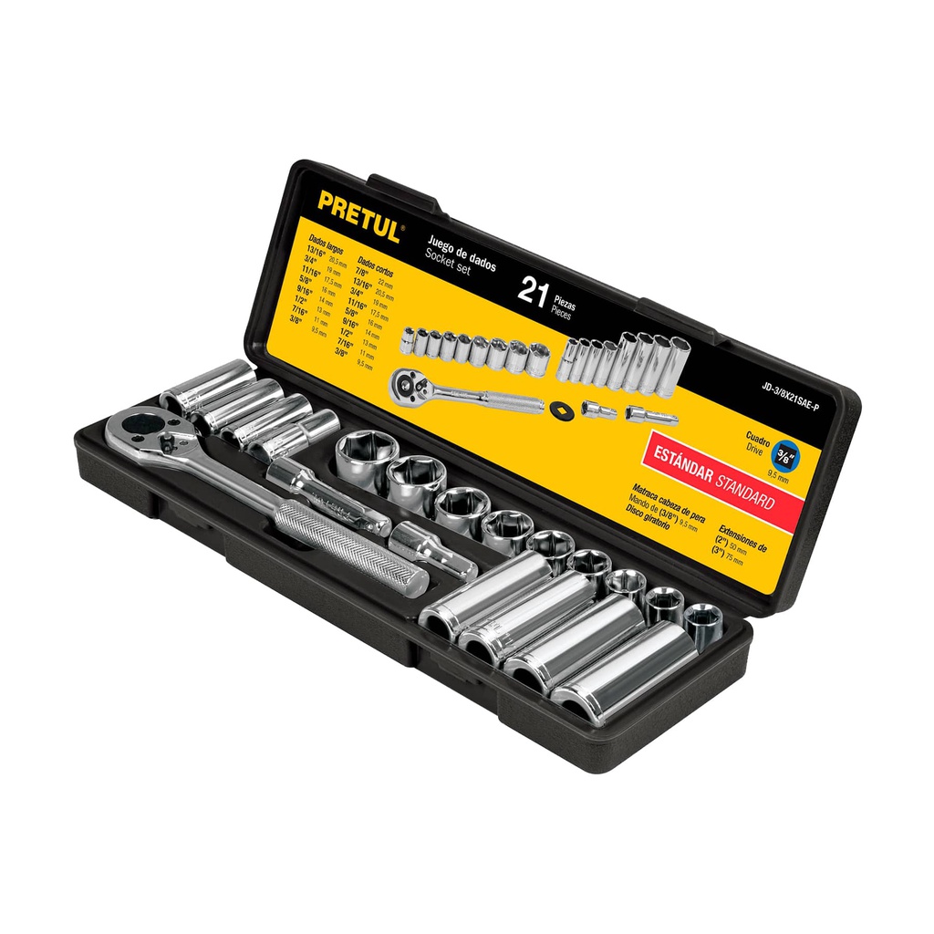 Juego de 21 herramientas 3/8' std para mecanico, Pretul
