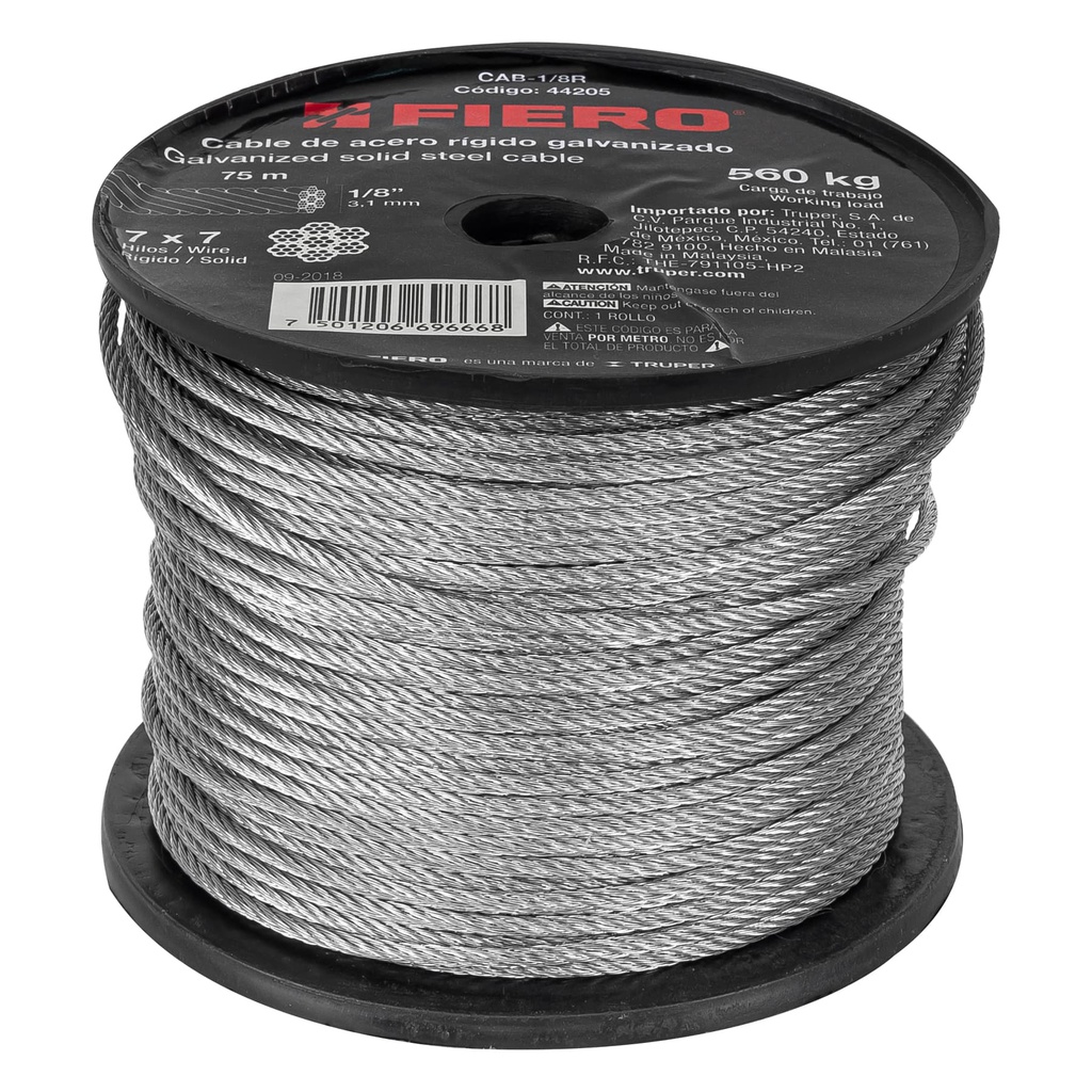 Metro de cable rigido 1/8' de acero 7x7 hilos, 75 m, Fiero