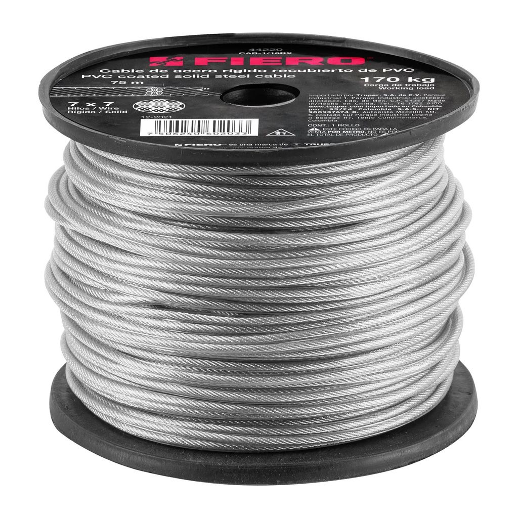 Metro de cable rigido 1/16' acero 7x7 recubierto PVC, 75 m