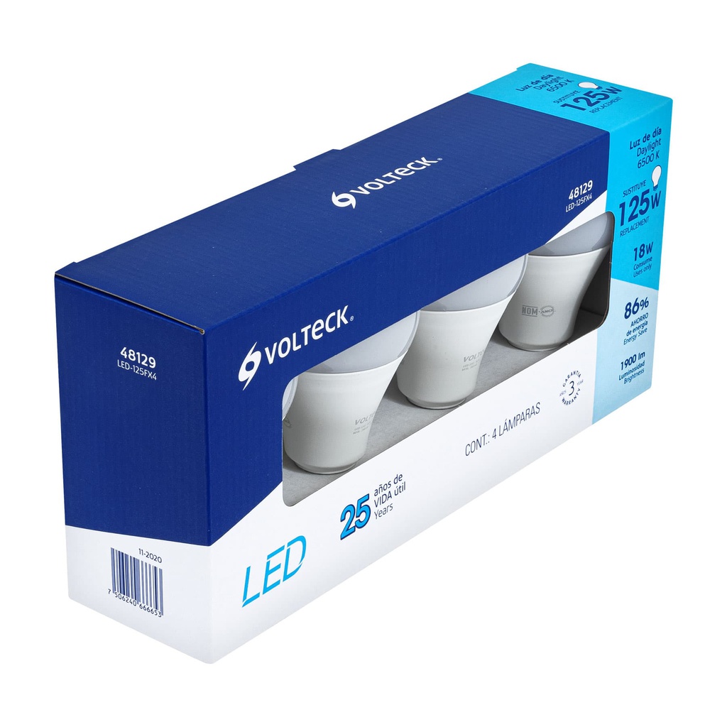Pack de 4 lamparas LED A19 18 W (equiv. 125 W), luz de dia