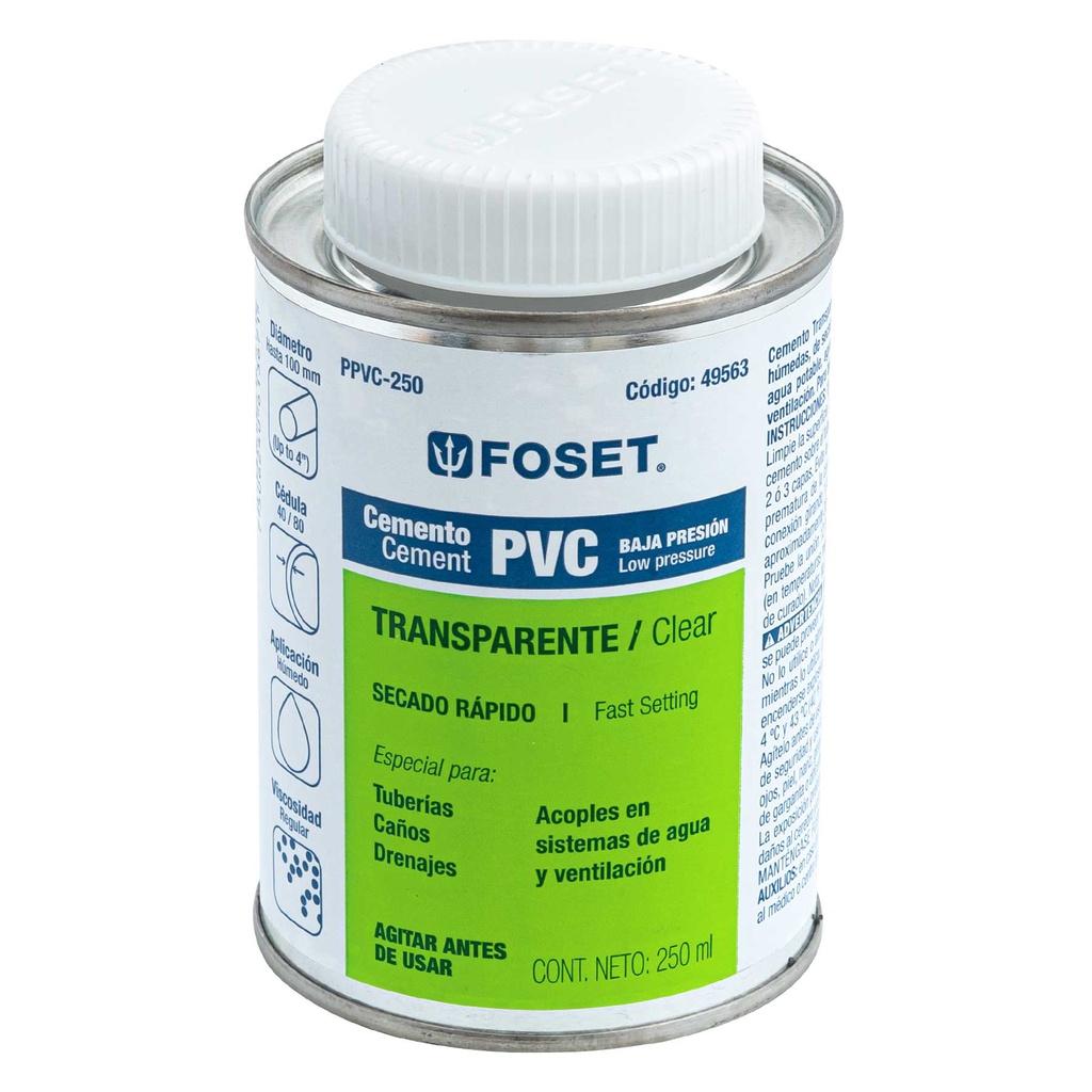 Cemento para PVC en bote de 250 ml, baja presion, Foset
