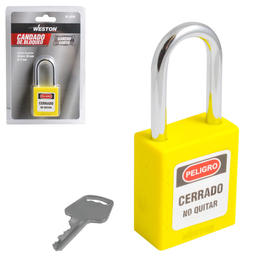 CANDADO DE BLOQUEO AMARILLO 38MM (CAJA C/10 PZAS - PRECIO X PIEZA)