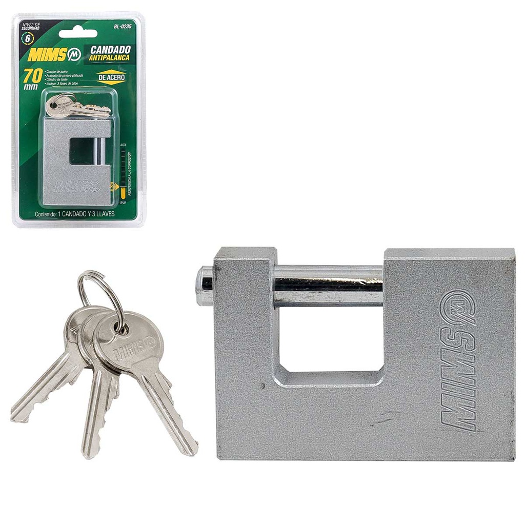 CANDADO ANTIPALANCA DE ACERO 80MM C/3 LLAVES (CAJA C/6 PZAS - PRECIO X PIEZA)