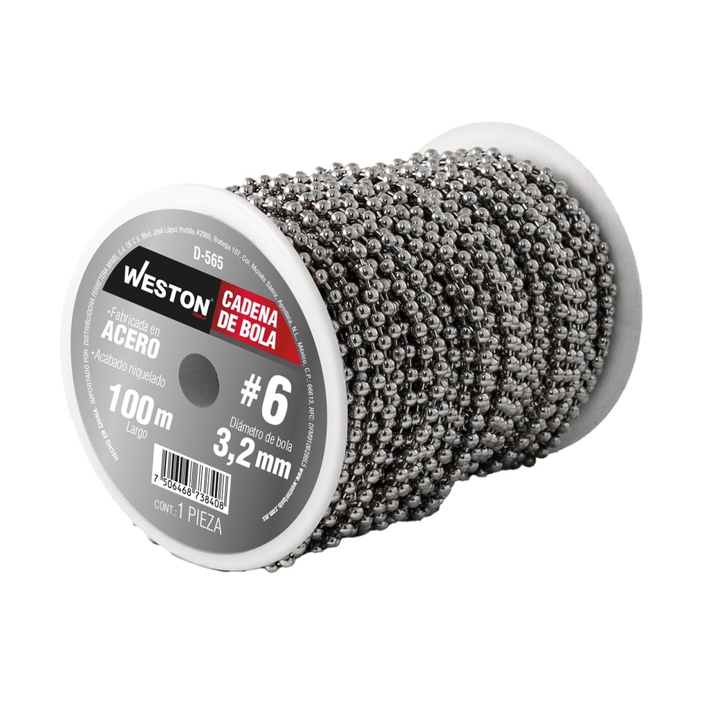CADENA DE BOLA ACERO NIQUELADA #6 3.2MM ROLLO 100M