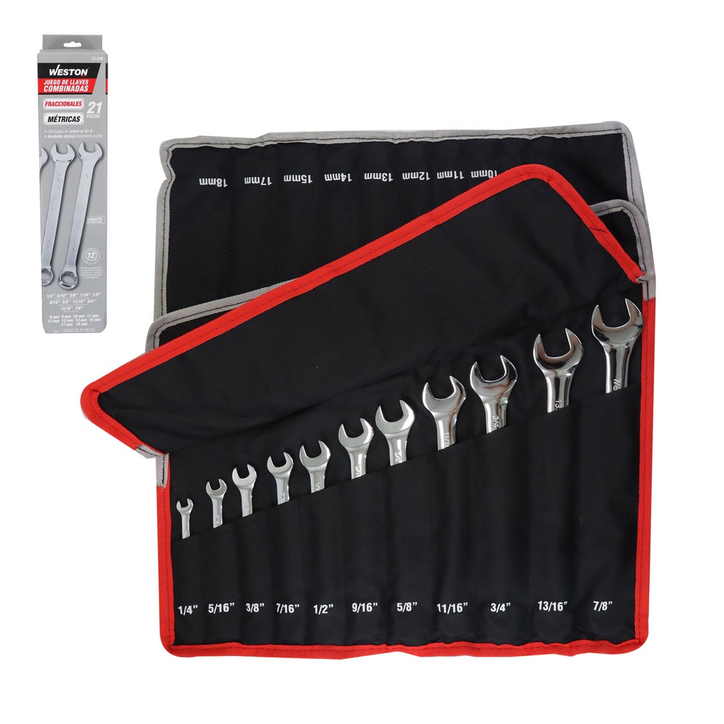 JUEGO DE LLAVES COMBINADAS CrV PULIDO ESPEJO FRACCIONALES &amp; METRICAS 21 PZS 1/4" - 7/8" &amp; 8MM - 18MM