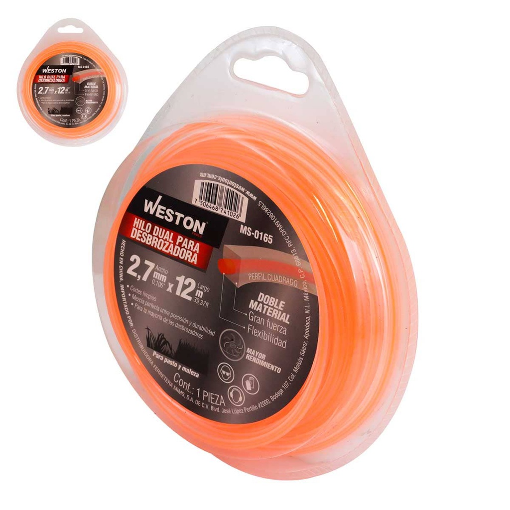 HILO DUAL P/DESBROZADORA EN BLISTER 2.7mm X 12m - NARANJA