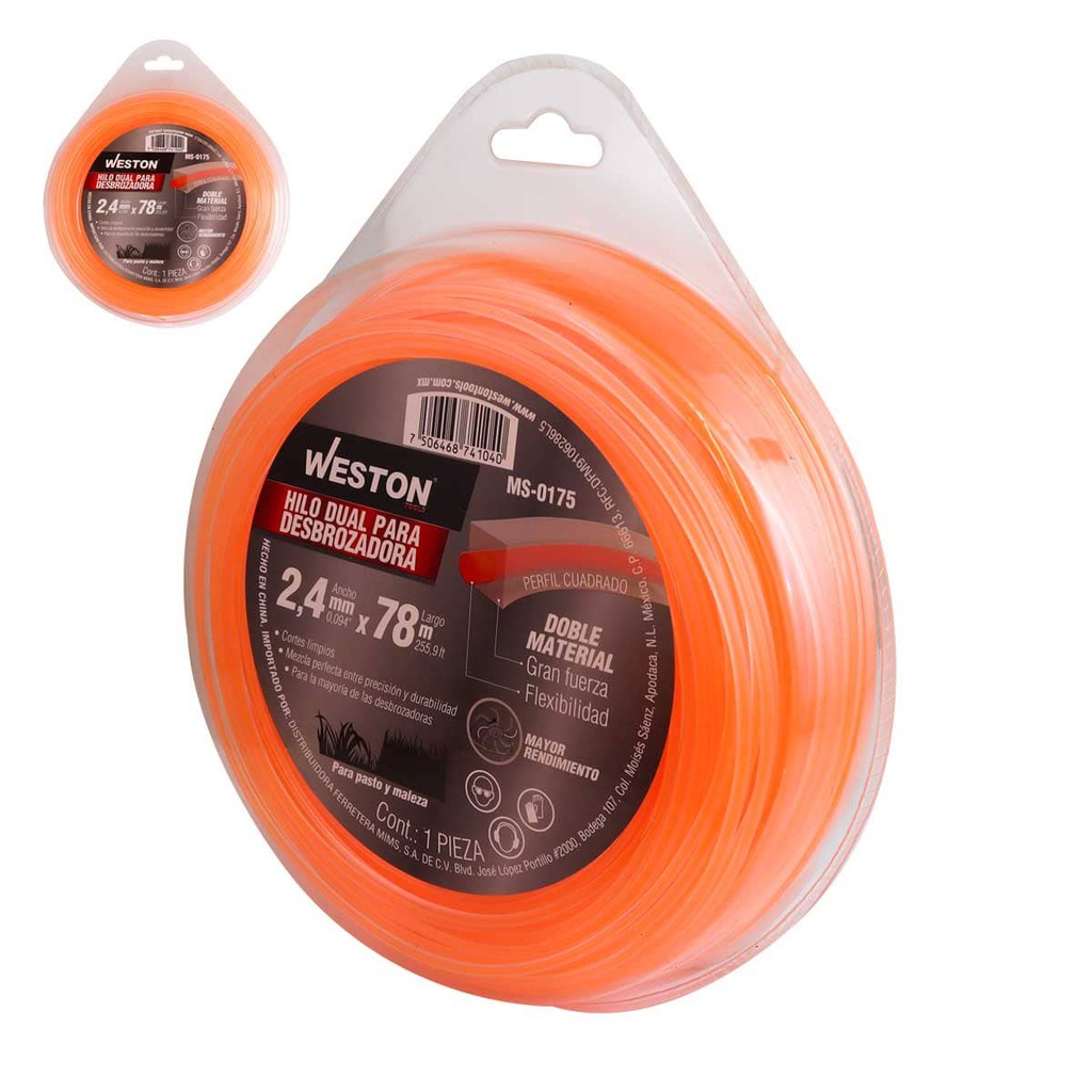 HILO DUAL P/DESBROZADORA EN BLISTER 2.4mm X 78m - NARANJA