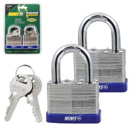 [BL-0275] JUEGO  DE 2 CANDADOS DE ACERO CUERPO LAMINADO 40MM C/4 LLAVES (CAJA C/6 PZAS - PRECIO X PIEZA)
